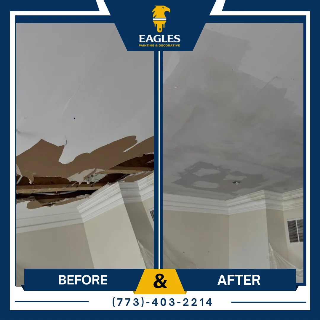 Branded before and after comparison of a damaged ceiling and repaired drywall surface
