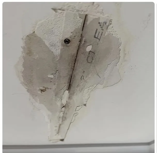 Before drywall repair, showing an open damaged area in a decorative ceiling