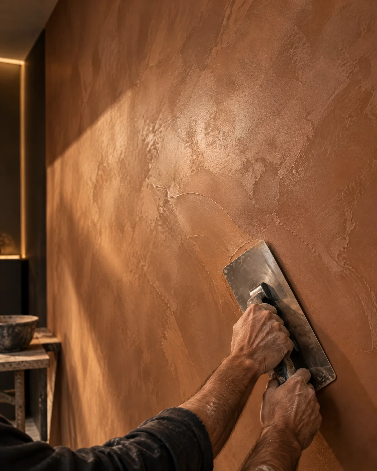 Plaster being applied and controlled by hand with a trowel
