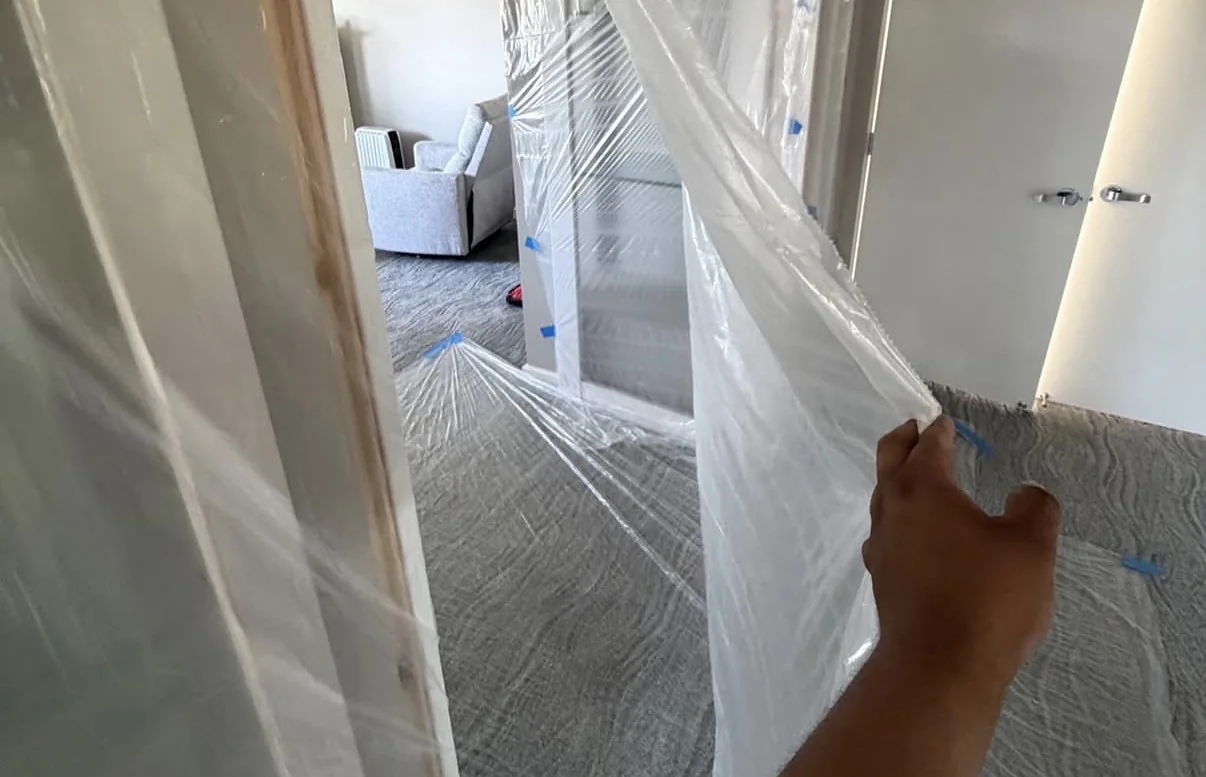 Interior doorway and adjacent flooring protected with taped plastic containment before painting