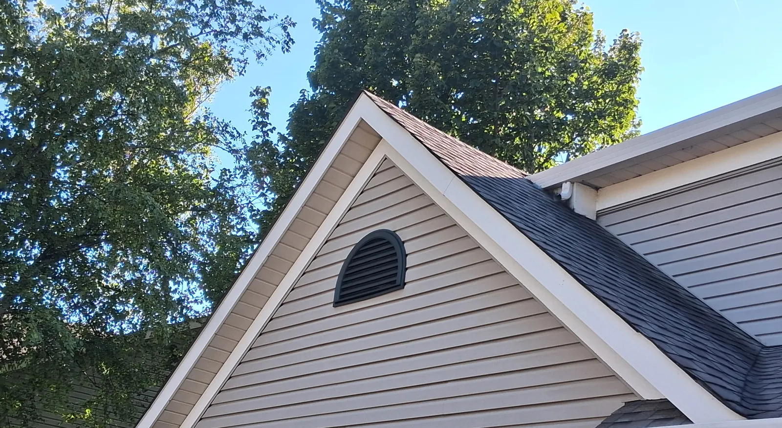 Residential gable with light horizontal siding, crisp white trim, an arched vent, and dark roof shingles