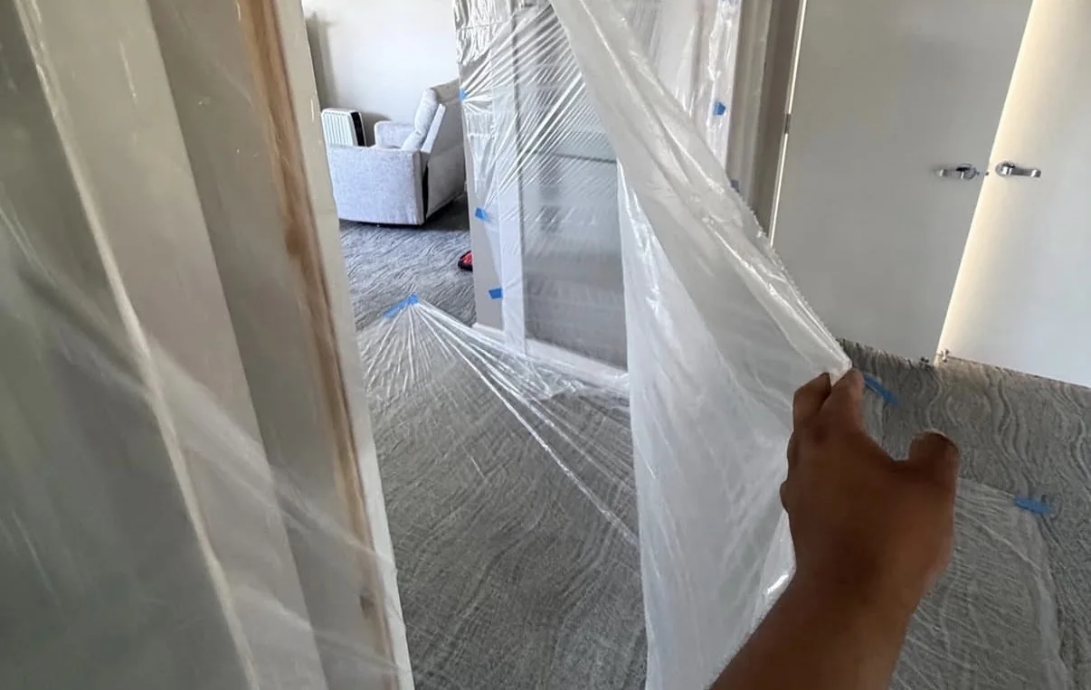 Interior painting preparation with protective plastic and painter's tape isolating a hallway and adjacent room