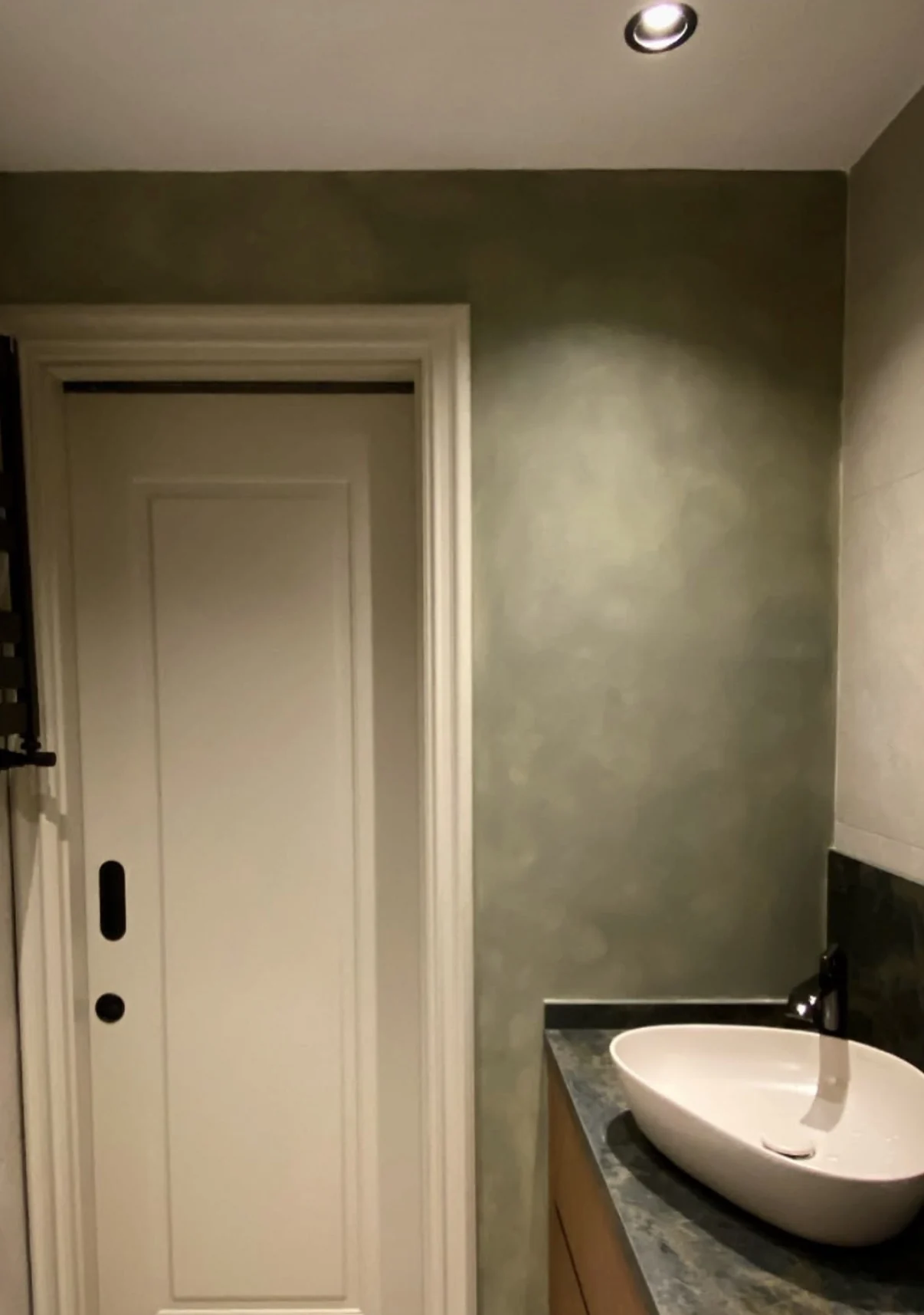 Sage green limewash bathroom wall beside a white paneled door and a vessel sink