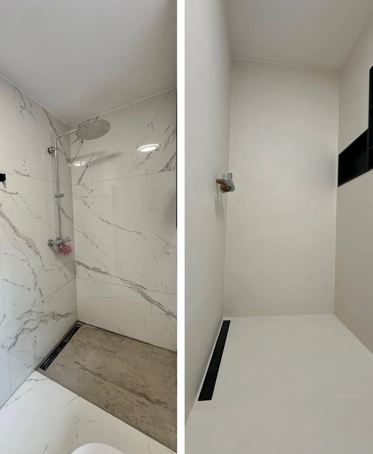 Side by side bathroom photographs showing veined tiled shower surfaces and a pale microcement shower finish