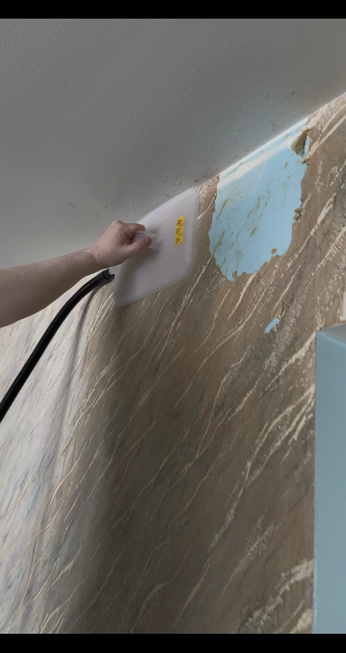 Technician using a wallpaper steamer at an upper wall edge while existing wallcovering is released