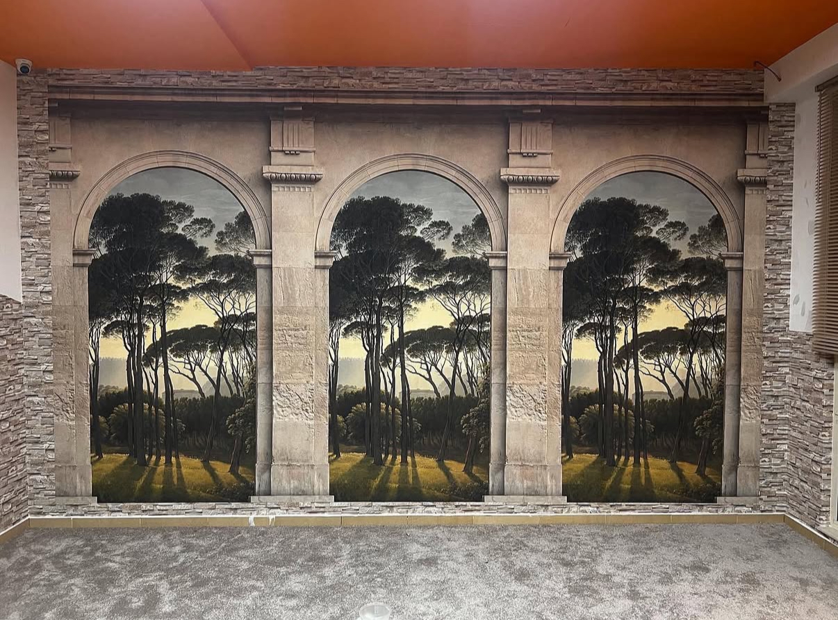Chicago painters faux painting of arched windows overlooking a forest scene