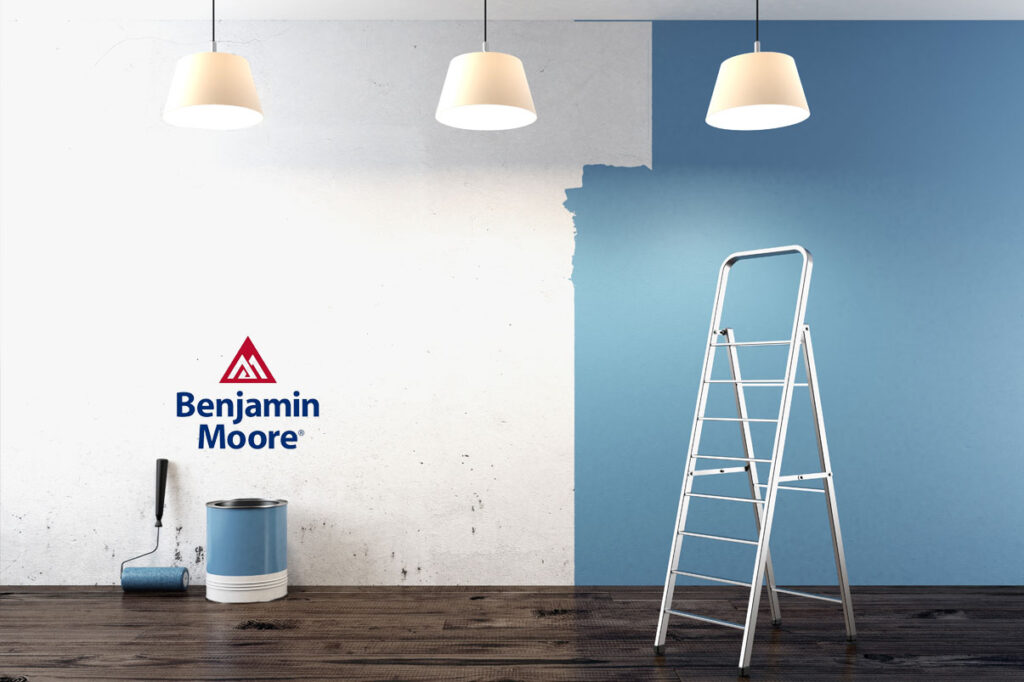 Benjamin Moore paint advertisement with ladder and paint can